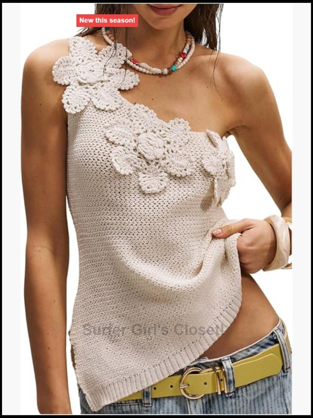Crochet Knit Tank Top One Shoulder Sleeveless 3D Floral Summer Vacation Top
